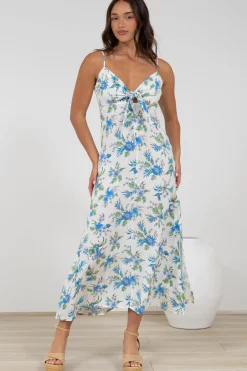 Foley Midi Dress - Tie Up Bodice Sun Dress with Adjustable Straps in Blue Bird Print><noscript><img width=