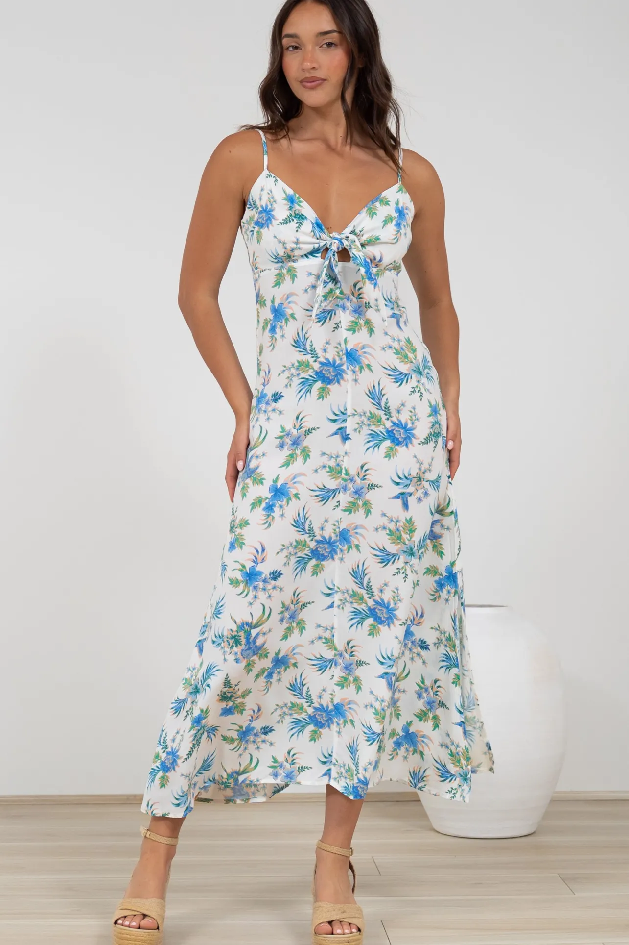 Foley Midi Dress - Tie Up Bodice Sun Dress with Adjustable Straps in Blue Bird Print>Salty Crush Clearance