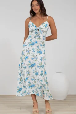 Foley Midi Dress - Tie Up Bodice Sun Dress with Adjustable Straps in Blue Bird Print><noscript><img width=