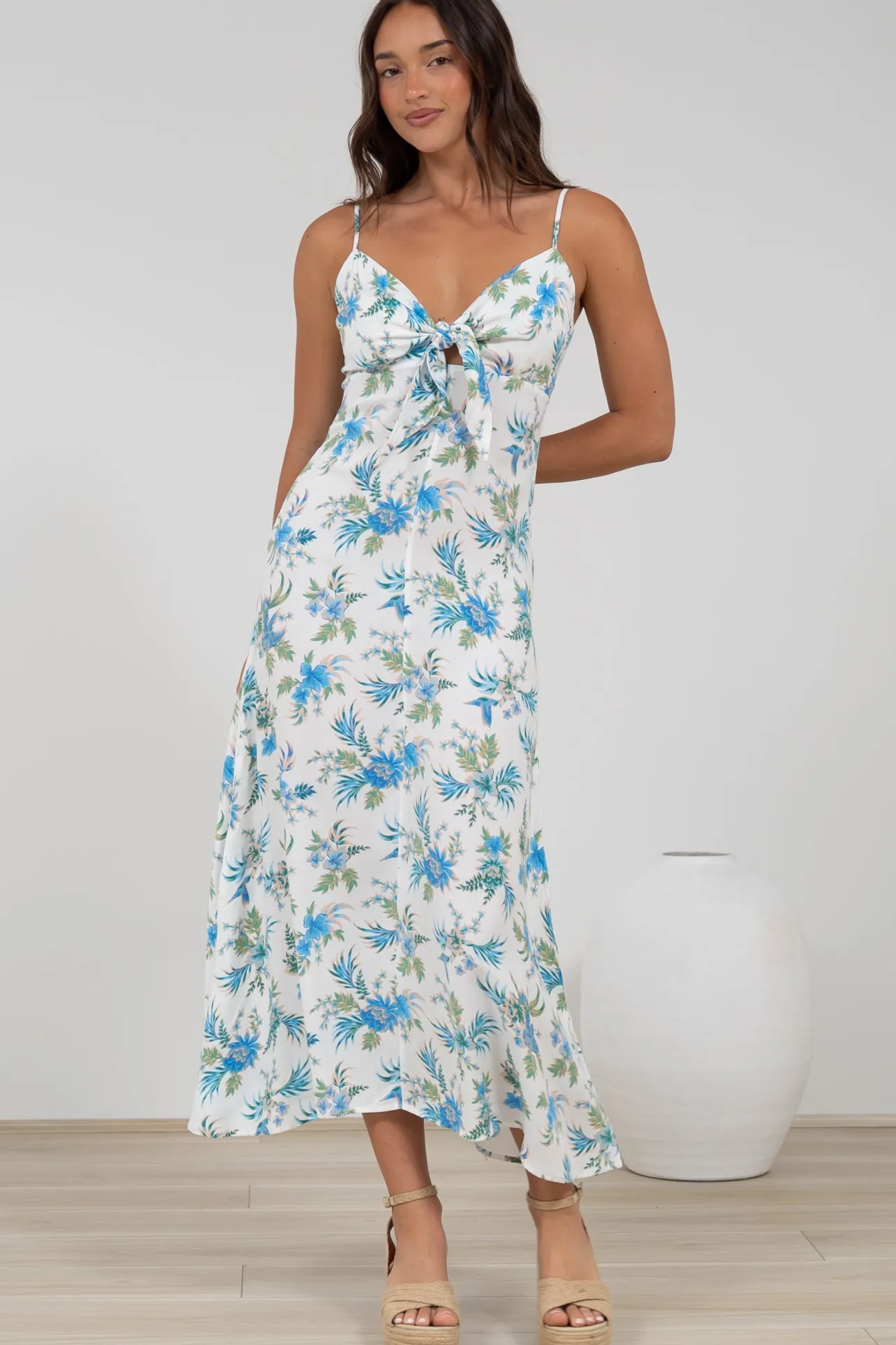 Foley Midi Dress - Tie Up Bodice Sun Dress with Adjustable Straps in Blue Bird Print>Salty Crush Clearance