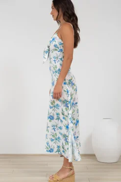 Foley Midi Dress - Tie Up Bodice Sun Dress with Adjustable Straps in Blue Bird Print><noscript><img width=