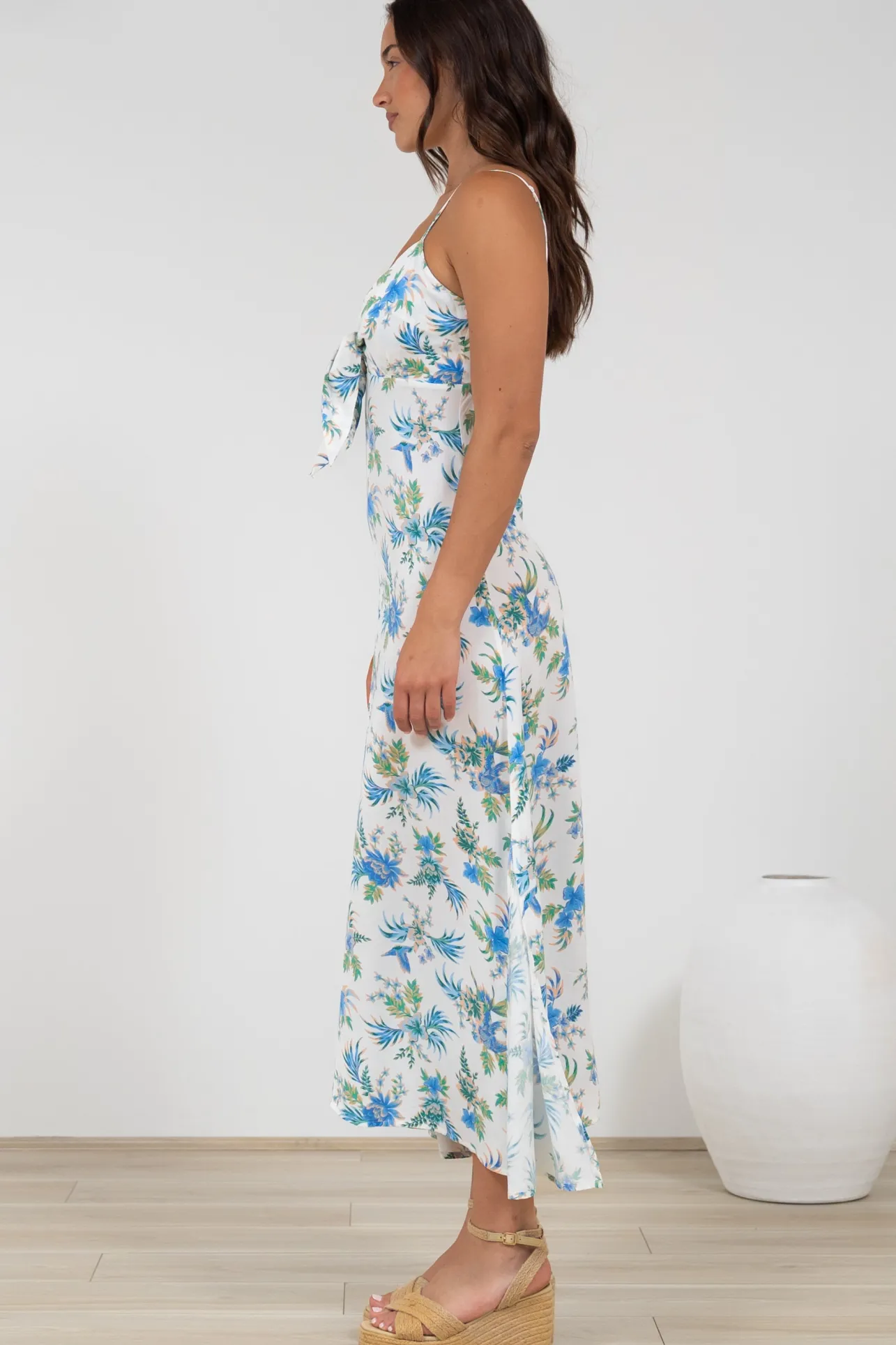 Foley Midi Dress - Tie Up Bodice Sun Dress with Adjustable Straps in Blue Bird Print>Salty Crush Clearance