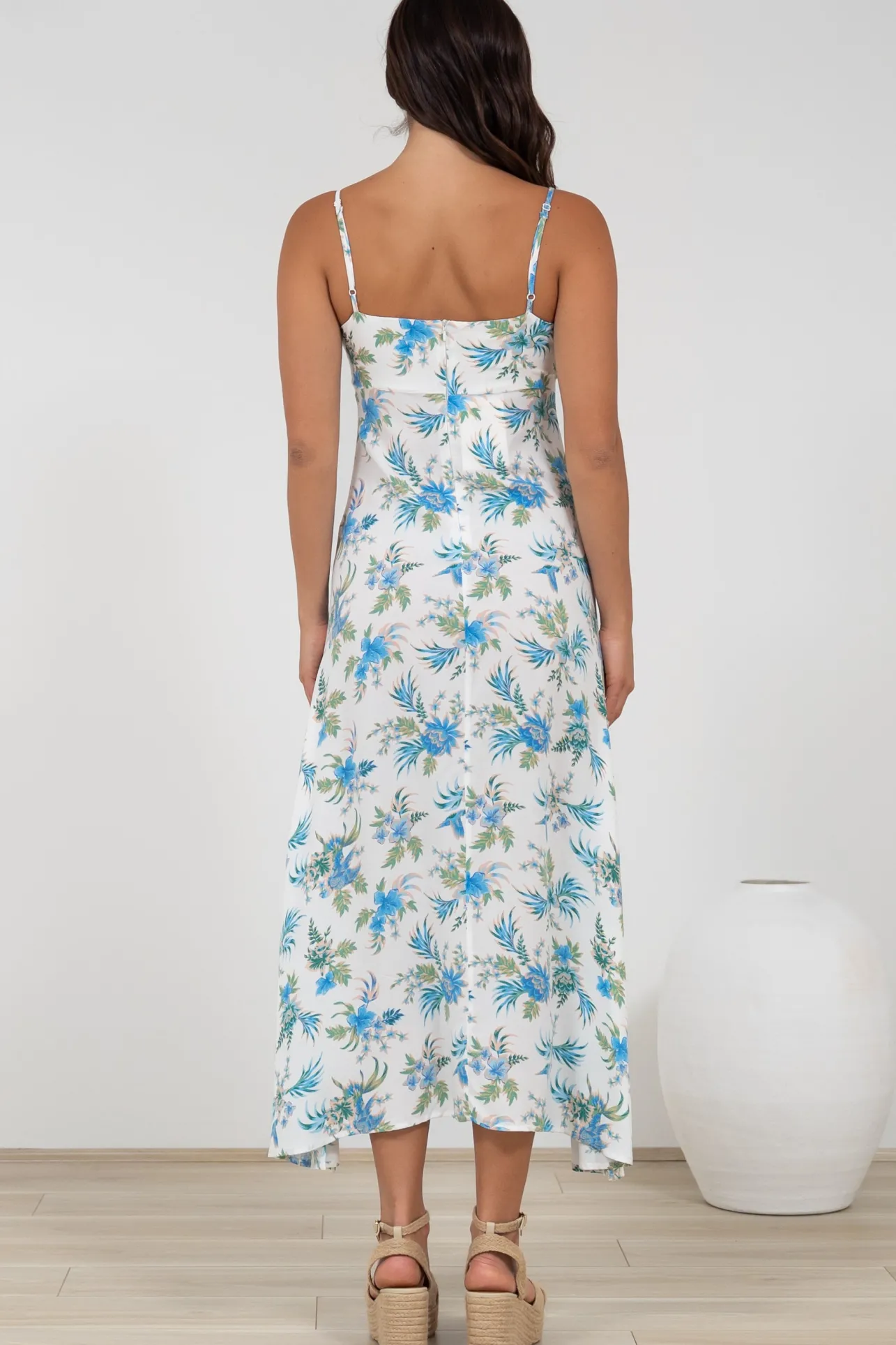 Foley Midi Dress - Tie Up Bodice Sun Dress with Adjustable Straps in Blue Bird Print>Salty Crush Clearance