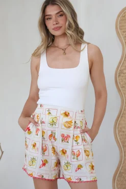 Foster Shorts - Elasticated High Waisted Shorts with Scallop Trim in Dahlar Print><noscript><img width=