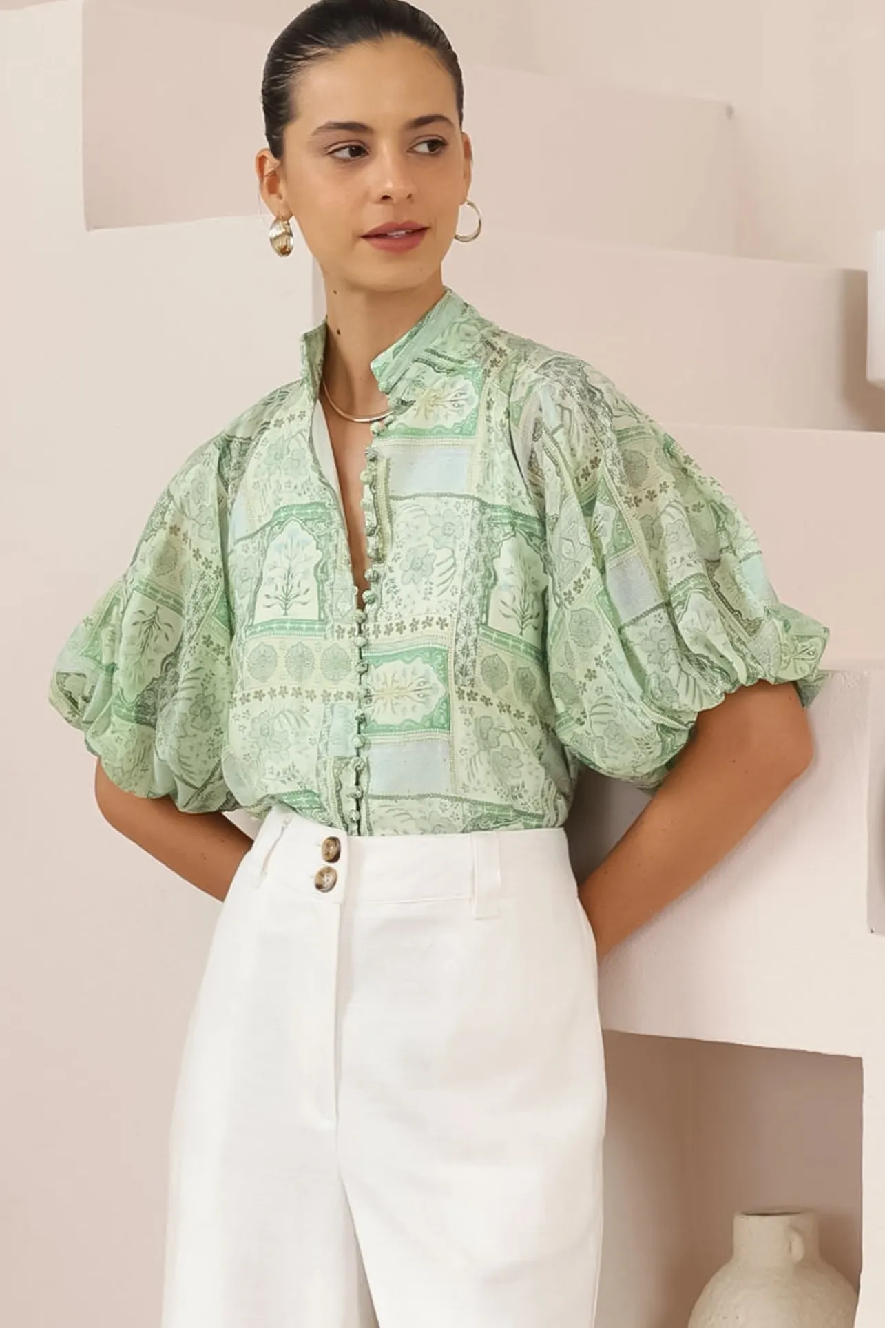 Frankie Blouse - High Mandarin Collar Buttoned Down Top in Maxine Print>Salty Crush Online