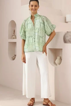 Frankie Blouse - High Mandarin Collar Buttoned Down Top in Maxine Print><noscript><img width=