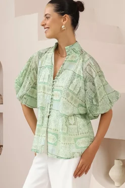 Frankie Blouse - High Mandarin Collar Buttoned Down Top in Maxine Print><noscript><img width=