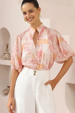 Frankie Blouse - High Mandarin Collar Buttoned Down Top in Hannah Print>Salty Crush Sale