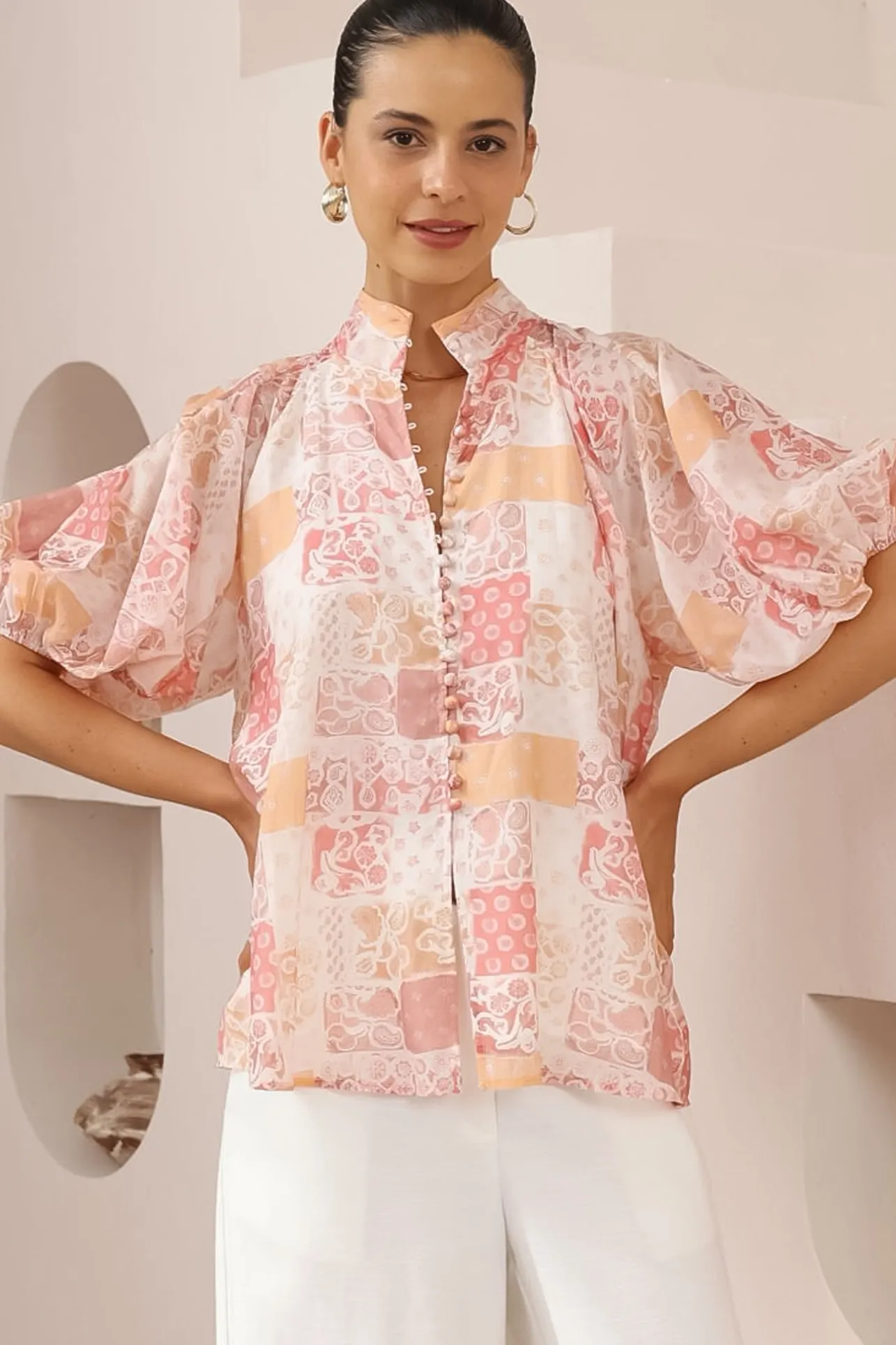 Frankie Blouse - High Mandarin Collar Buttoned Down Top in Hannah Print>Salty Crush Sale