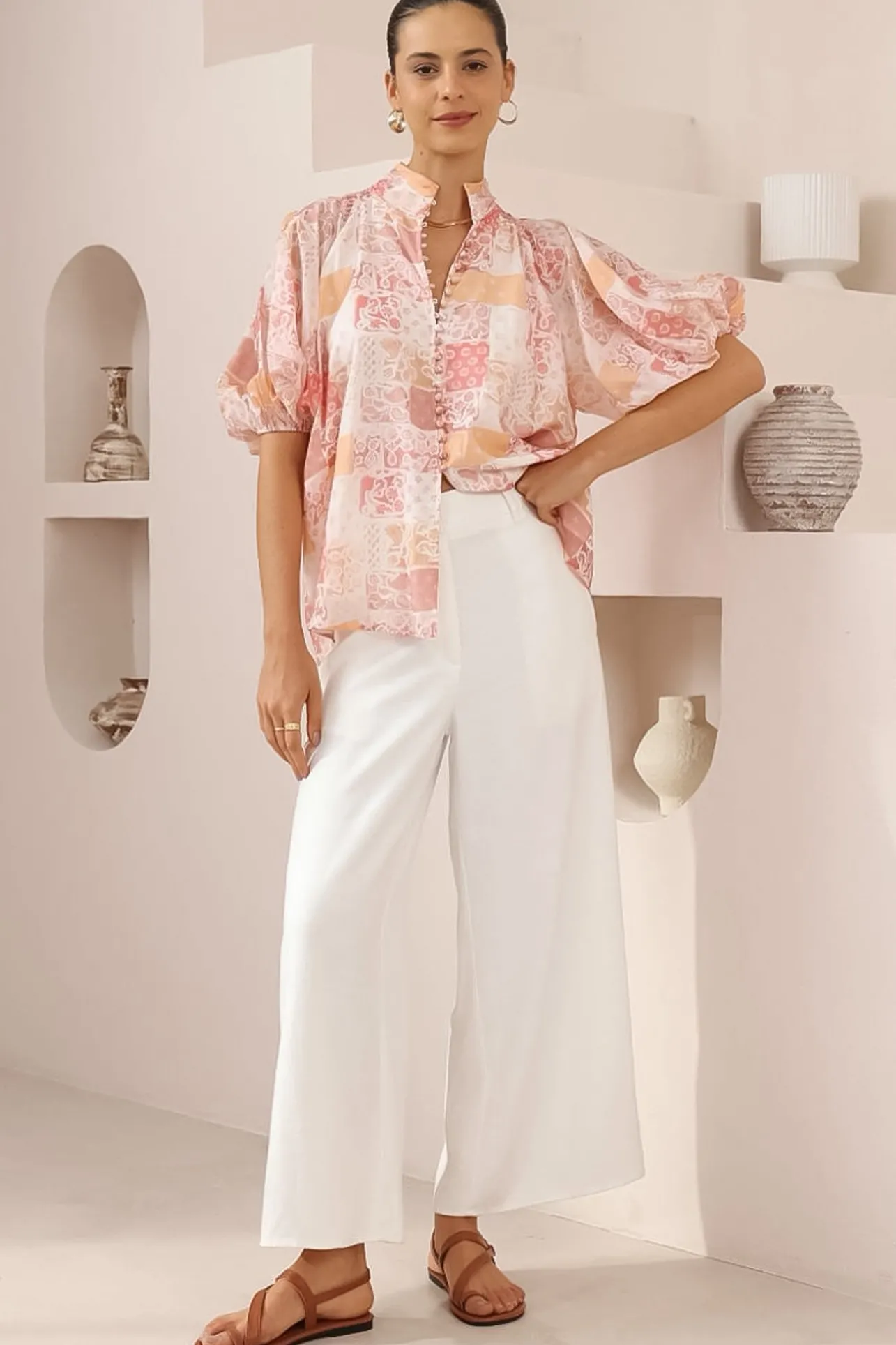 Frankie Blouse - High Mandarin Collar Buttoned Down Top in Hannah Print>Salty Crush Sale
