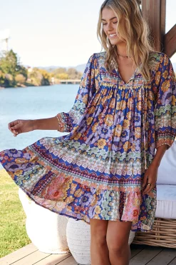 French Mini Dress - Yoke Neckline Dress with Matching Belt in Eden Print>Jaase