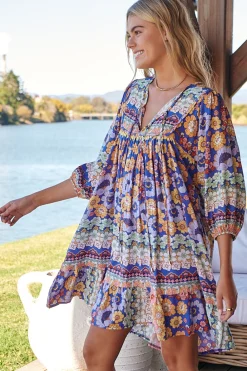 French Mini Dress - Yoke Neckline Dress with Matching Belt in Eden Print><noscript><img width=