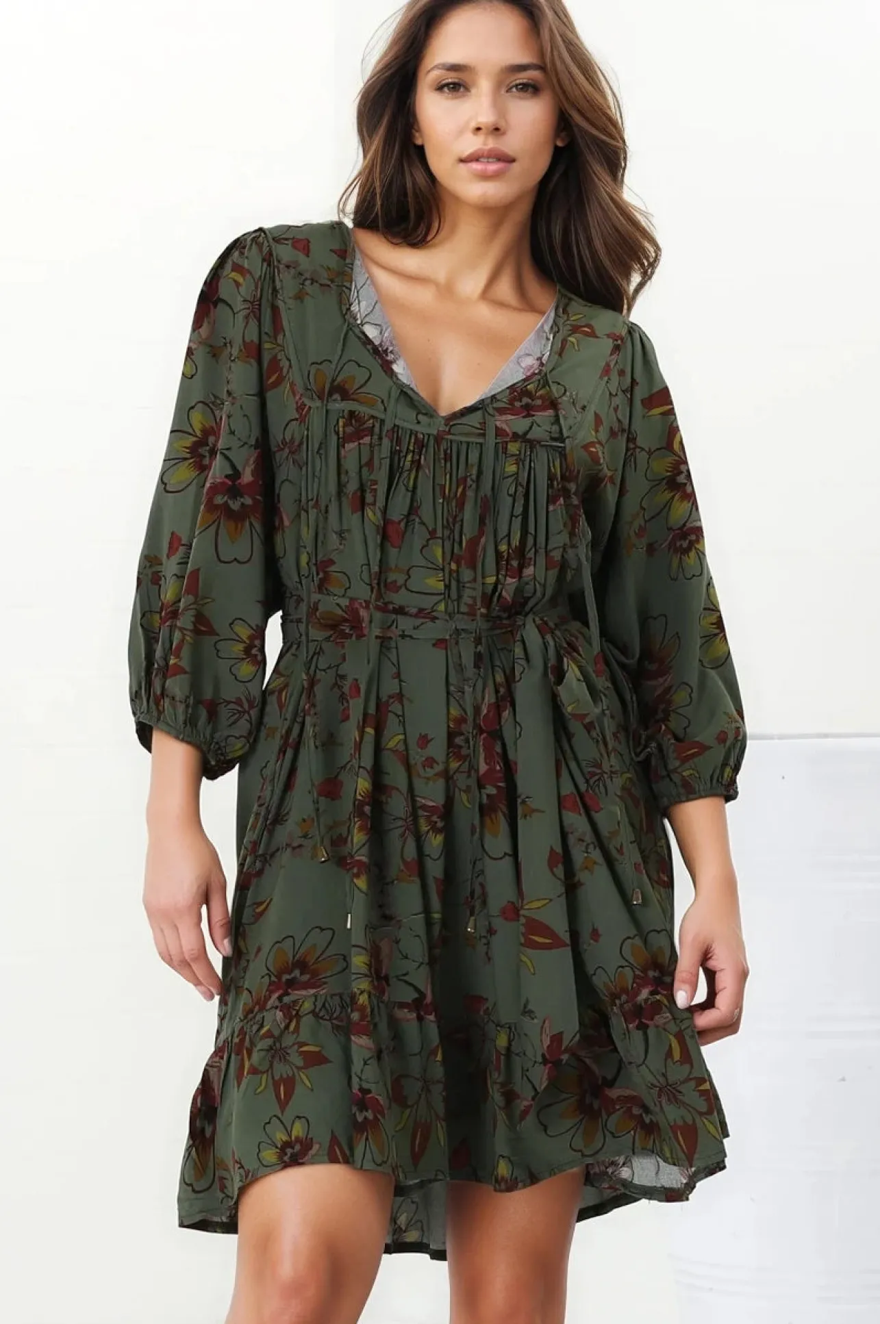 French Mini Dress - Yoke Neckline Dress with Matching Belt in Esme Print>Jaase Outlet