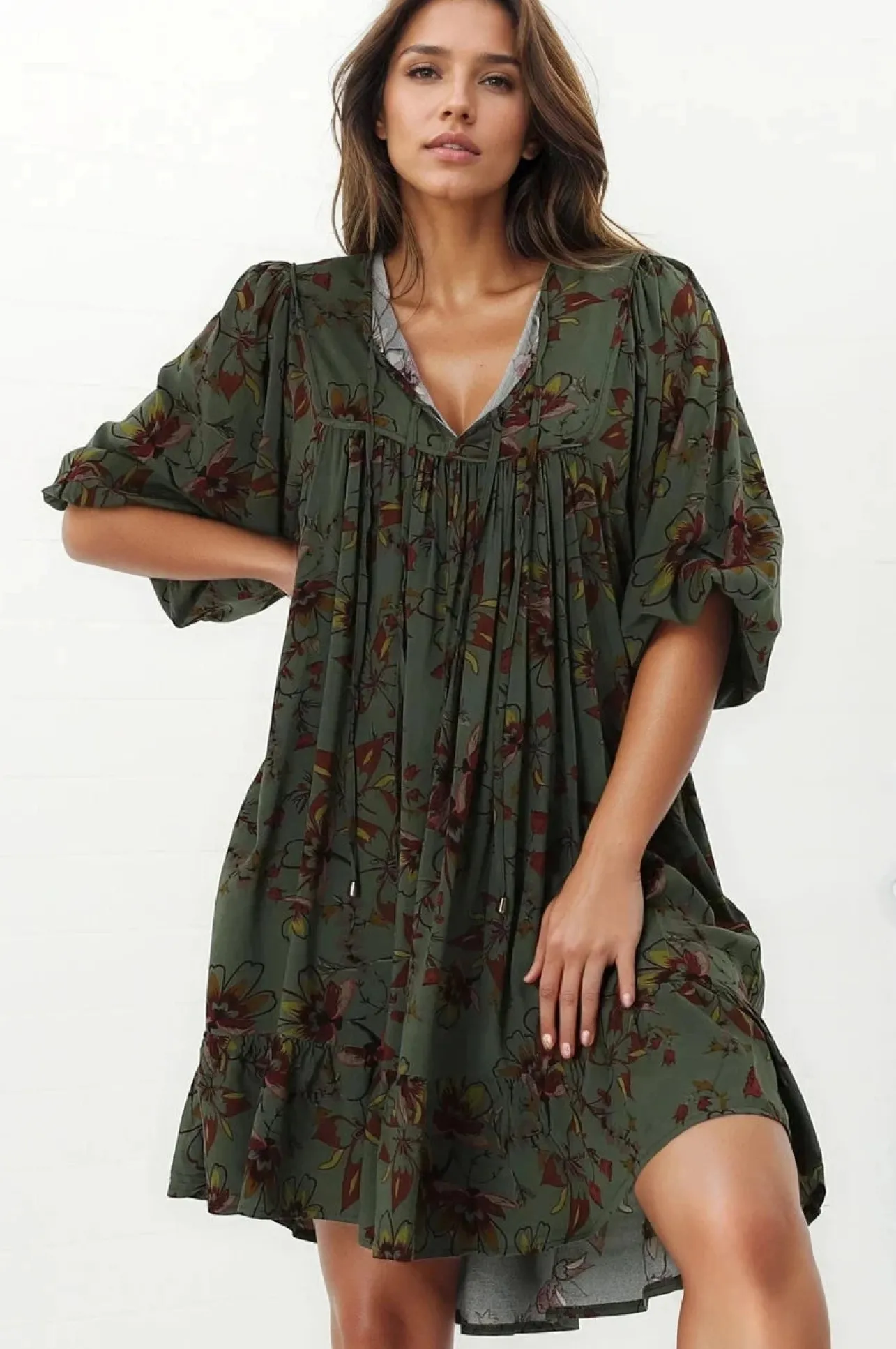 French Mini Dress - Yoke Neckline Dress with Matching Belt in Esme Print>Jaase Outlet