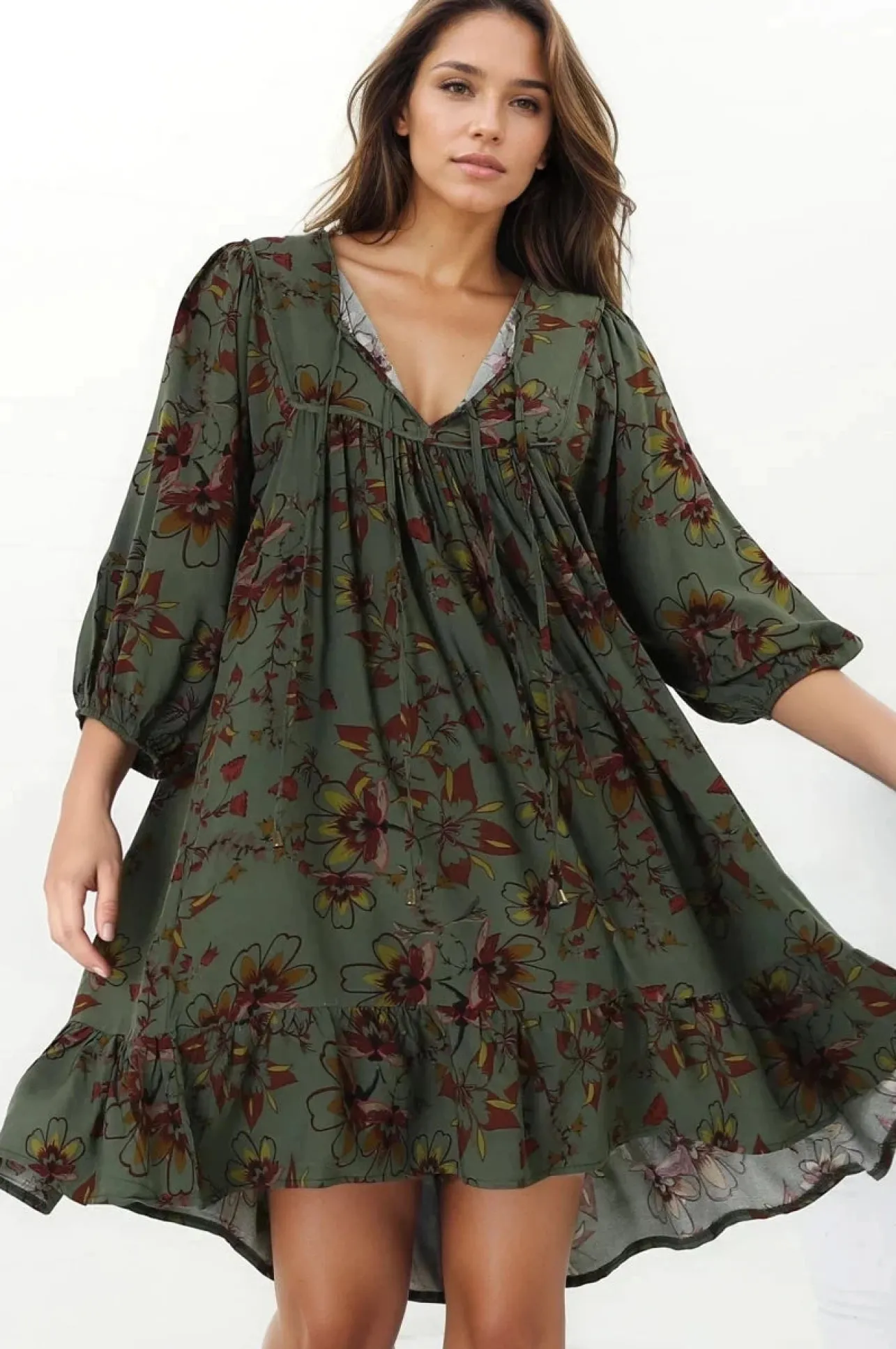 French Mini Dress - Yoke Neckline Dress with Matching Belt in Esme Print>Jaase Outlet
