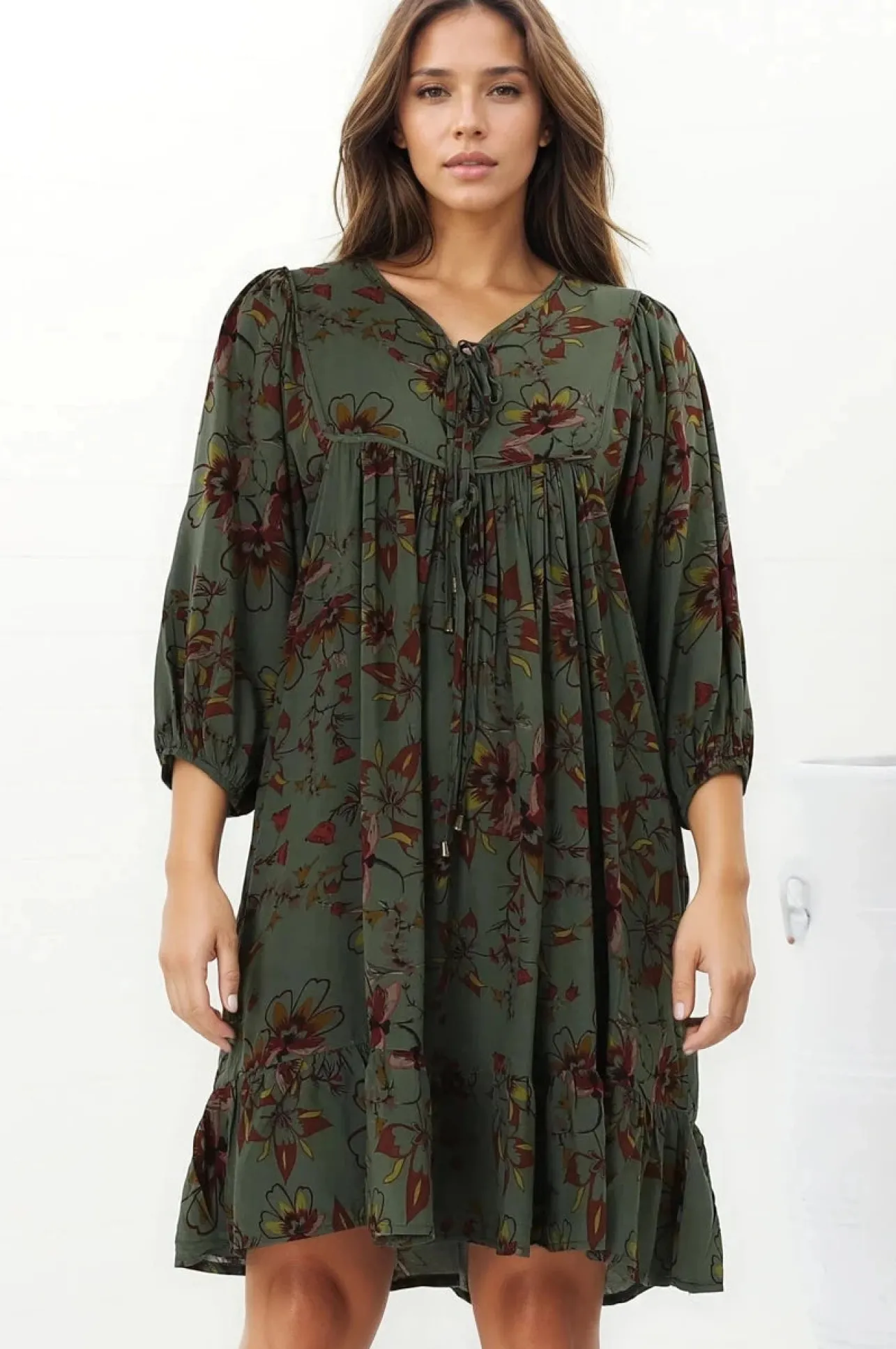 French Mini Dress - Yoke Neckline Dress with Matching Belt in Esme Print>Jaase Outlet