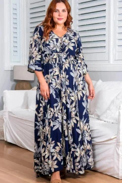 Frigg Maxi Dress - Buttoned Bodice A Line Dress With Flute Sleeves In Navy>Salty Crush Clearance