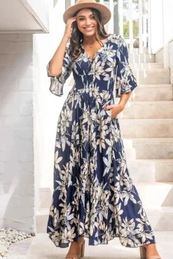 Frigg Maxi Dress - Buttoned Bodice A Line Dress With Flute Sleeves In Navy><noscript><img width=