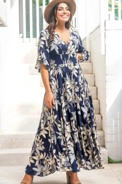 Frigg Maxi Dress - Buttoned Bodice A Line Dress With Flute Sleeves In Navy><noscript><img width=