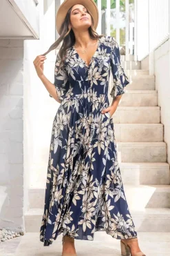 Frigg Maxi Dress - Buttoned Bodice A Line Dress With Flute Sleeves In Navy><noscript><img width=