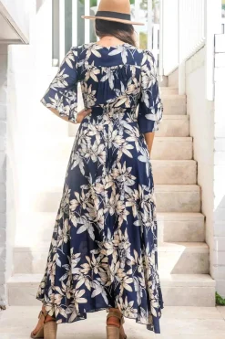 Frigg Maxi Dress - Buttoned Bodice A Line Dress With Flute Sleeves In Navy><noscript><img width=