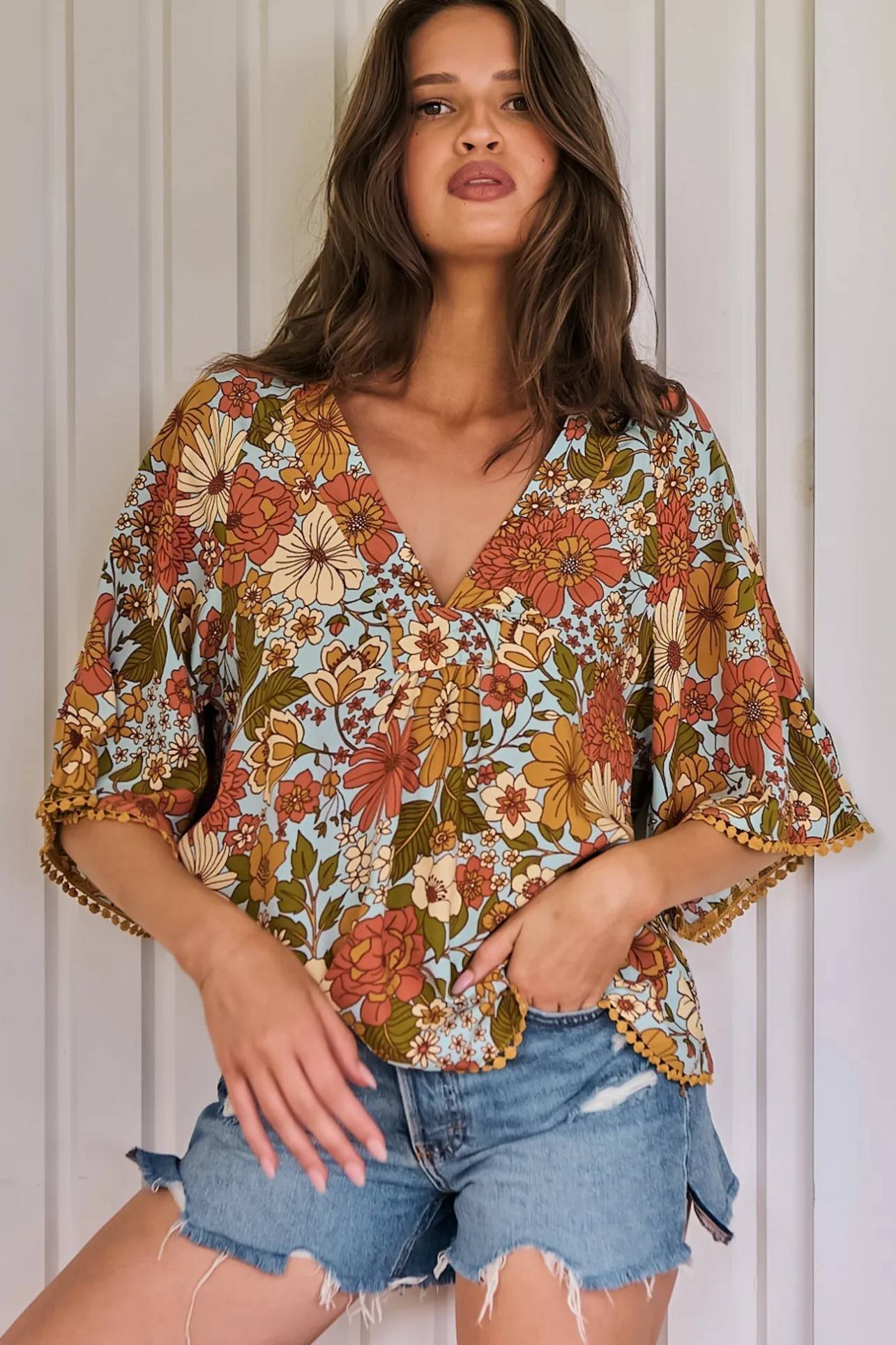 Gabriella Top - Mandarin Collar Deep V Neck Crochet Trim Top in Mimosa Print>Jaase