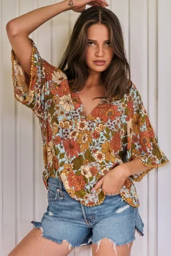 Gabriella Top - Mandarin Collar Deep V Neck Crochet Trim Top in Mimosa Print><noscript><img width=