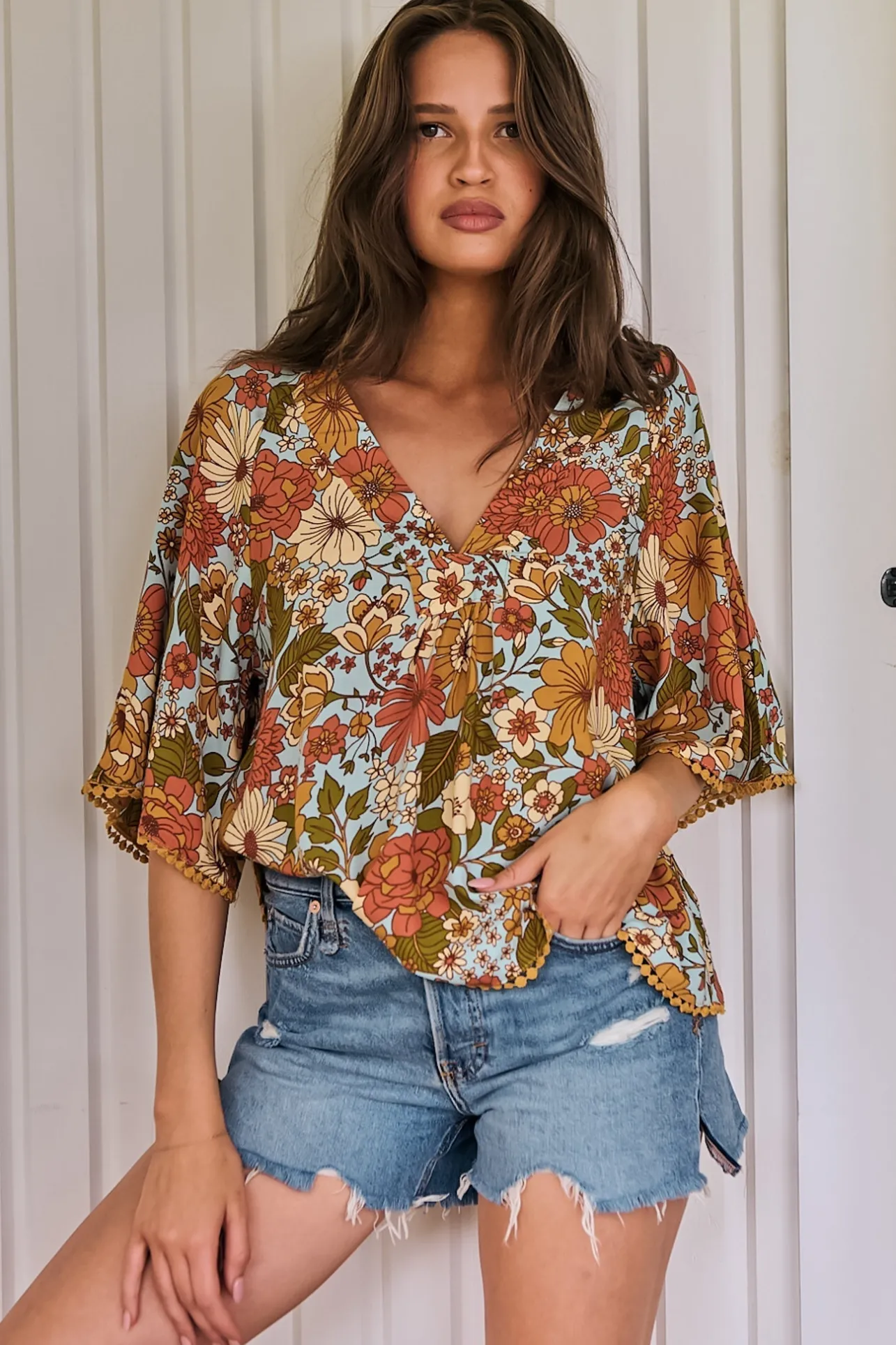 Gabriella Top - Mandarin Collar Deep V Neck Crochet Trim Top in Mimosa Print>Jaase