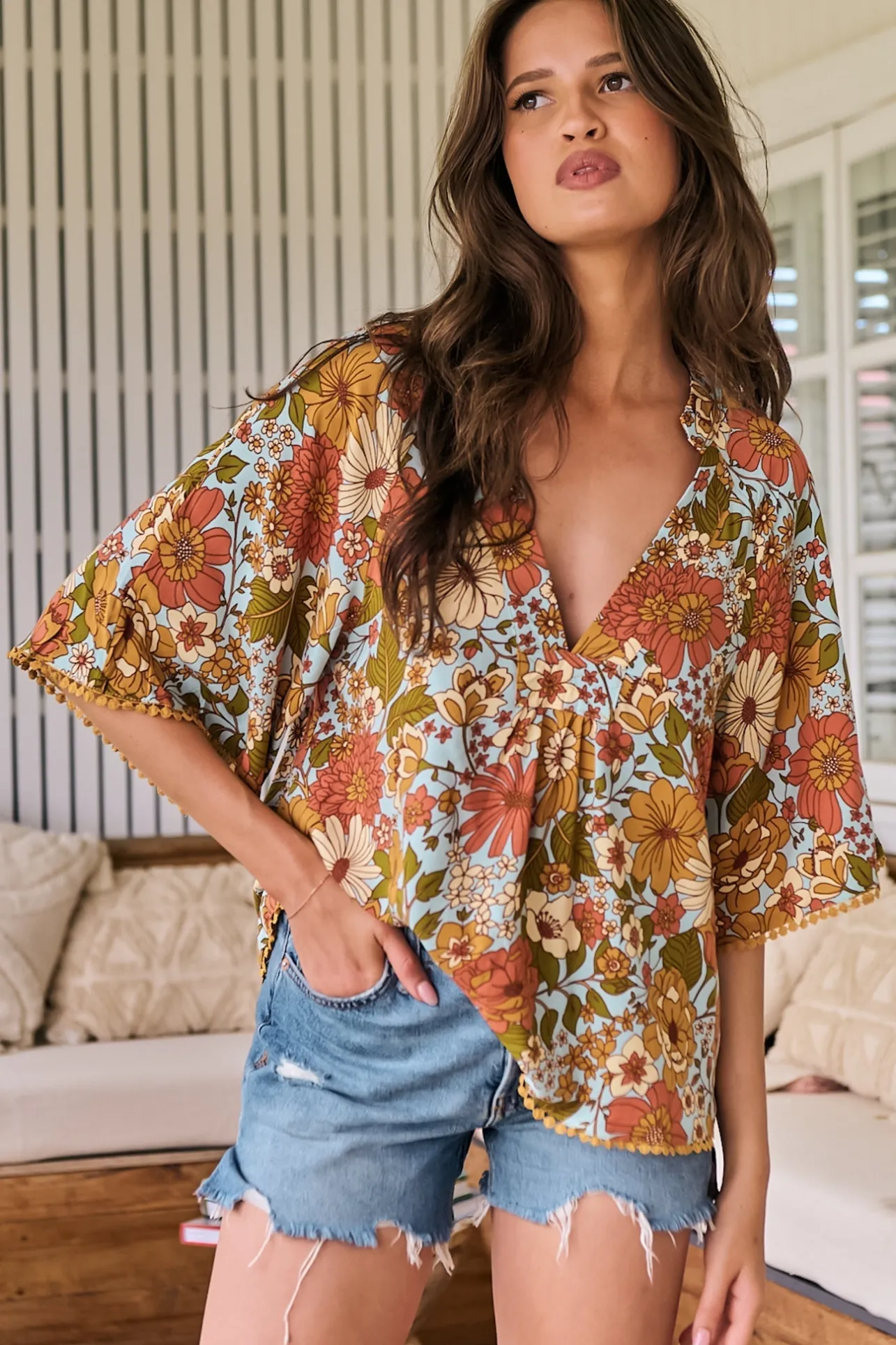 Gabriella Top - Mandarin Collar Deep V Neck Crochet Trim Top in Mimosa Print>Jaase