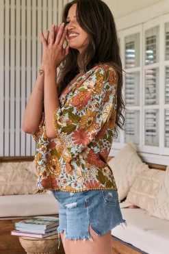Gabriella Top - Mandarin Collar Deep V Neck Crochet Trim Top in Mimosa Print><noscript><img width=