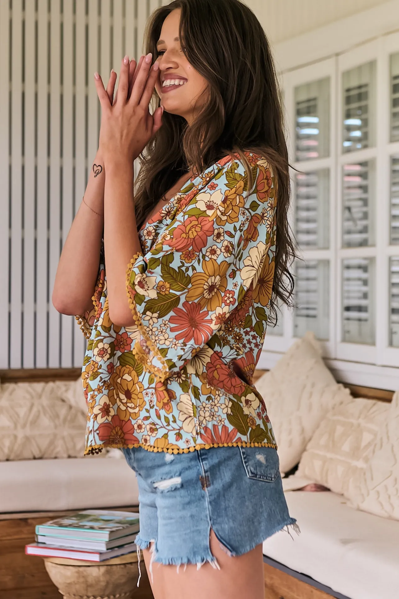 Gabriella Top - Mandarin Collar Deep V Neck Crochet Trim Top in Mimosa Print>Jaase