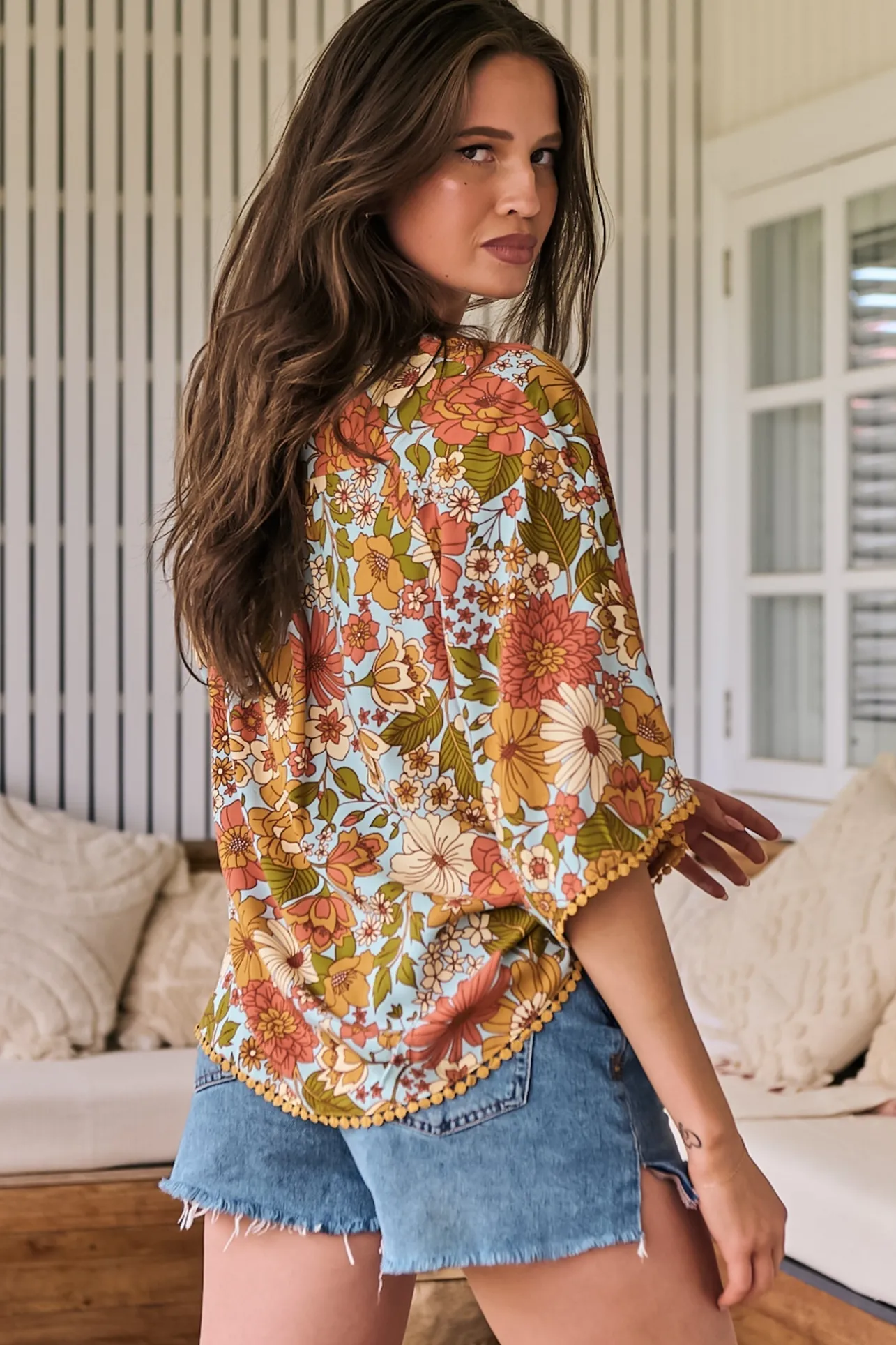 Gabriella Top - Mandarin Collar Deep V Neck Crochet Trim Top in Mimosa Print>Jaase