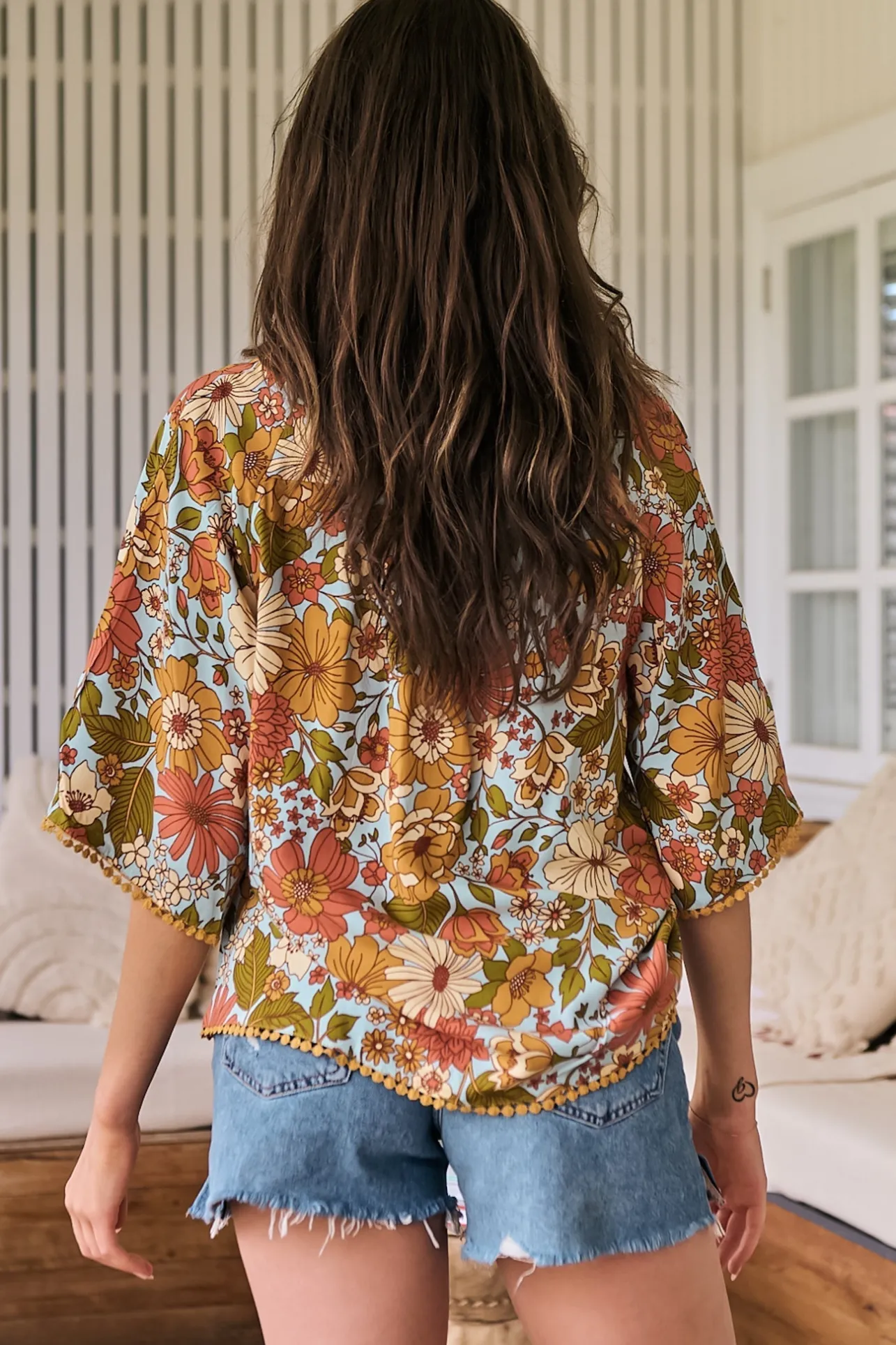 Gabriella Top - Mandarin Collar Deep V Neck Crochet Trim Top in Mimosa Print>Jaase