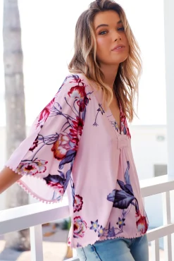 Gabriella Top - Mandarin Collar Deep V Neck Crochet Trim Top in Dahlia Print>Jaase New