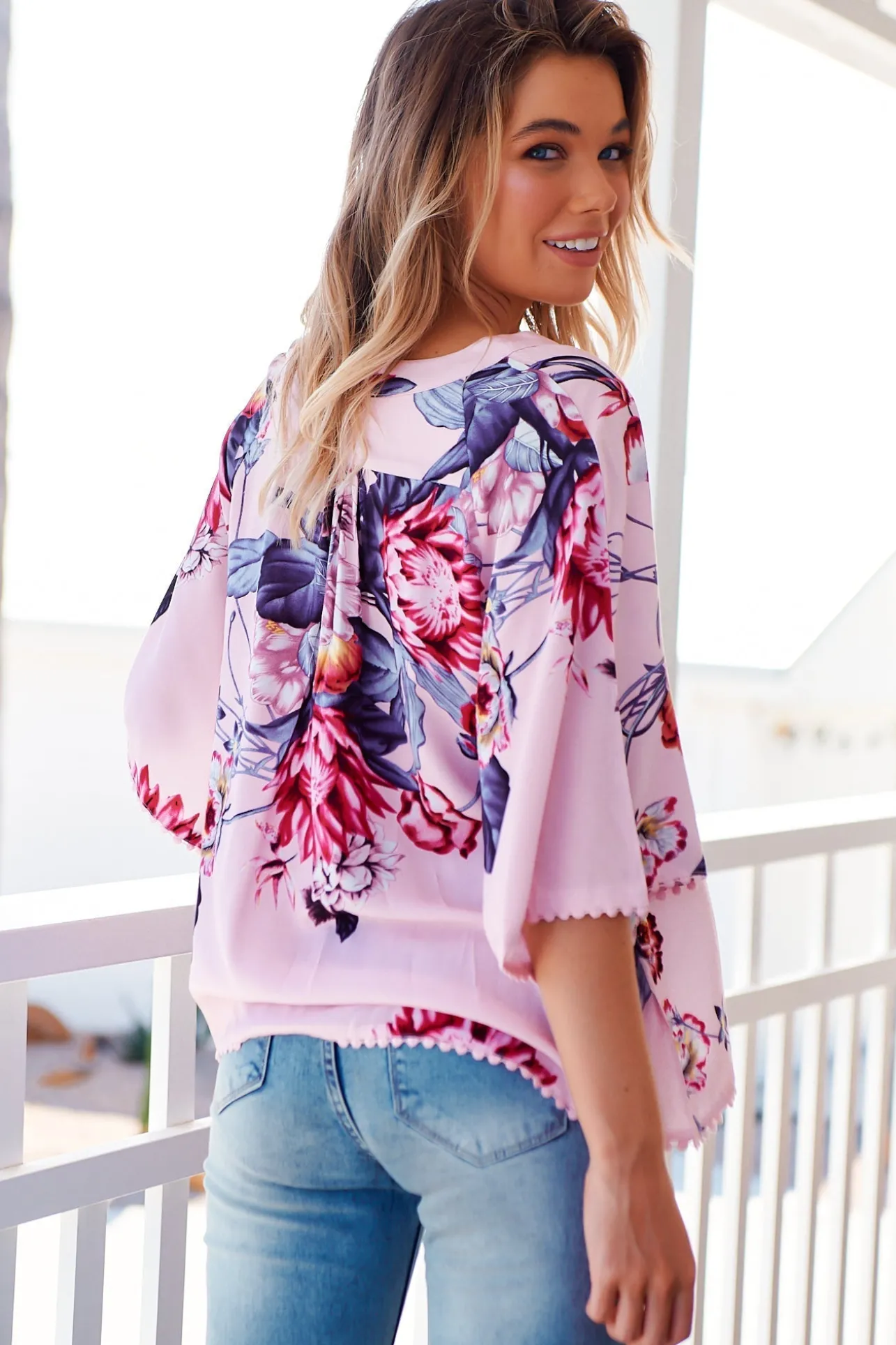 Gabriella Top - Mandarin Collar Deep V Neck Crochet Trim Top in Dahlia Print>Jaase New