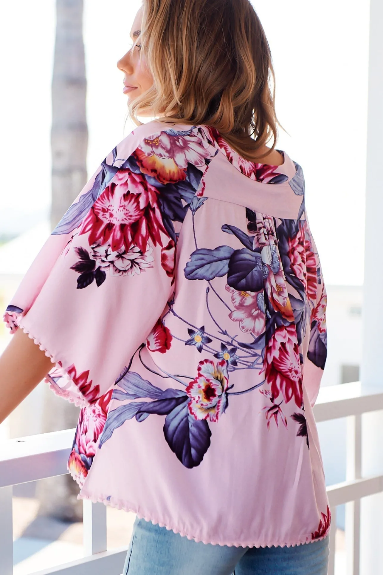 Gabriella Top - Mandarin Collar Deep V Neck Crochet Trim Top in Dahlia Print>Jaase New