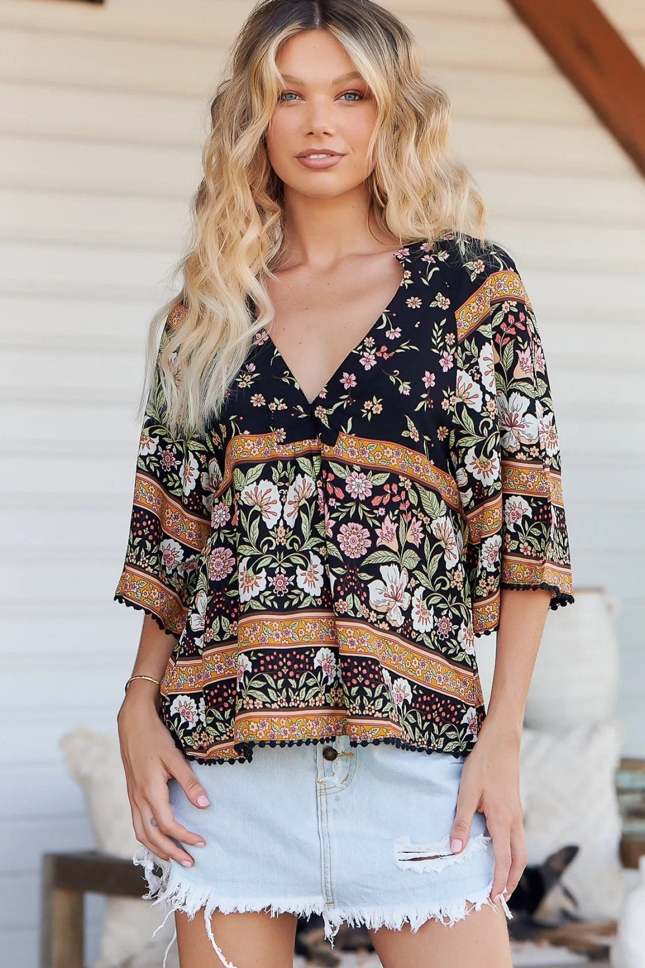 Gabriella Top - Mandarin Collar Deep V Neck Crochet Trim Top in Eternity Print>Jaase New