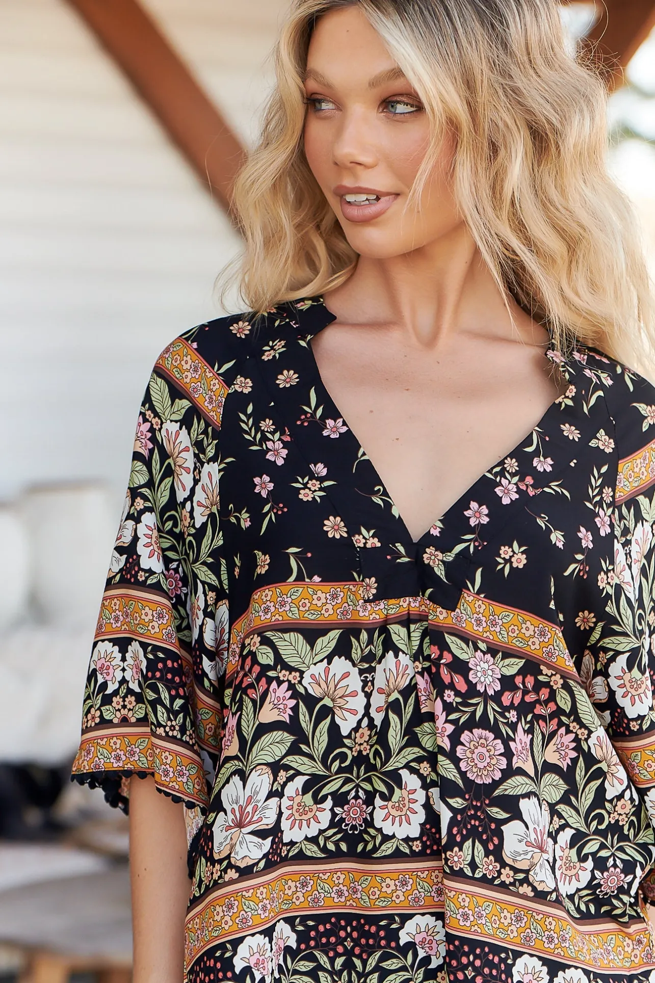 Gabriella Top - Mandarin Collar Deep V Neck Crochet Trim Top in Eternity Print>Jaase New
