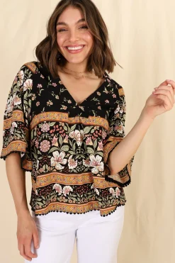 Gabriella Top - Mandarin Collar Deep V Neck Crochet Trim Top in Eternity Print><noscript><img width=