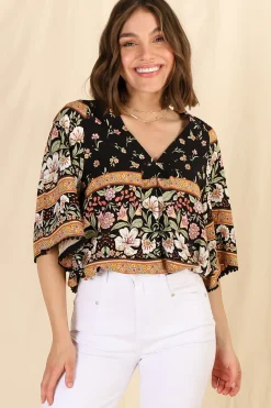 Gabriella Top - Mandarin Collar Deep V Neck Crochet Trim Top in Eternity Print><noscript><img width=