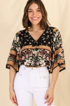 Gabriella Top - Mandarin Collar Deep V Neck Crochet Trim Top in Eternity Print><noscript><img width=