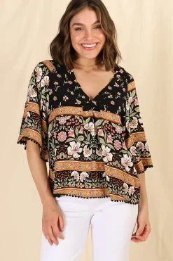 Gabriella Top - Mandarin Collar Deep V Neck Crochet Trim Top in Eternity Print><noscript><img width=