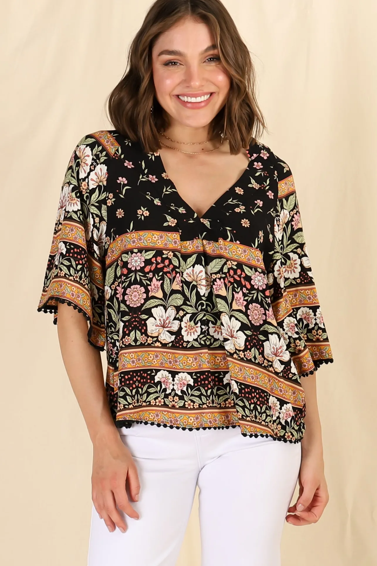 Gabriella Top - Mandarin Collar Deep V Neck Crochet Trim Top in Eternity Print>Jaase New