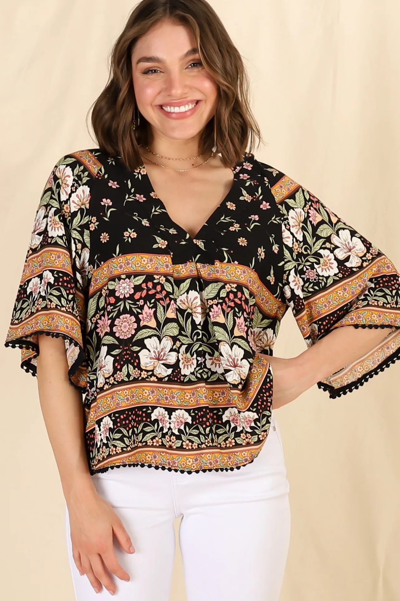 Gabriella Top - Mandarin Collar Deep V Neck Crochet Trim Top in Eternity Print>Jaase New