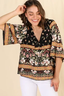 Gabriella Top - Mandarin Collar Deep V Neck Crochet Trim Top in Eternity Print><noscript><img width=