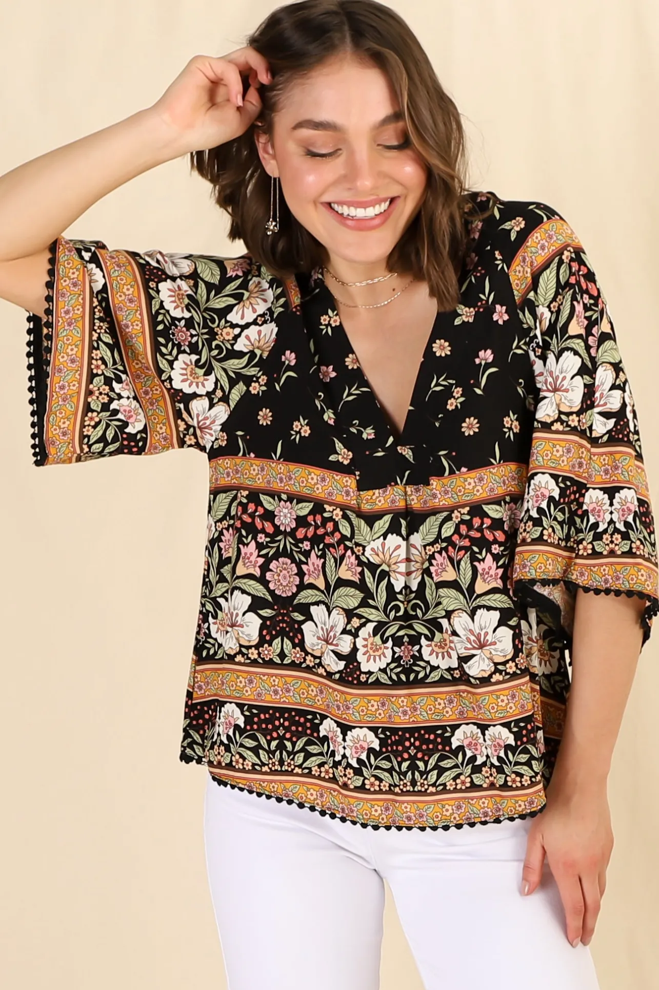 Gabriella Top - Mandarin Collar Deep V Neck Crochet Trim Top in Eternity Print>Jaase New