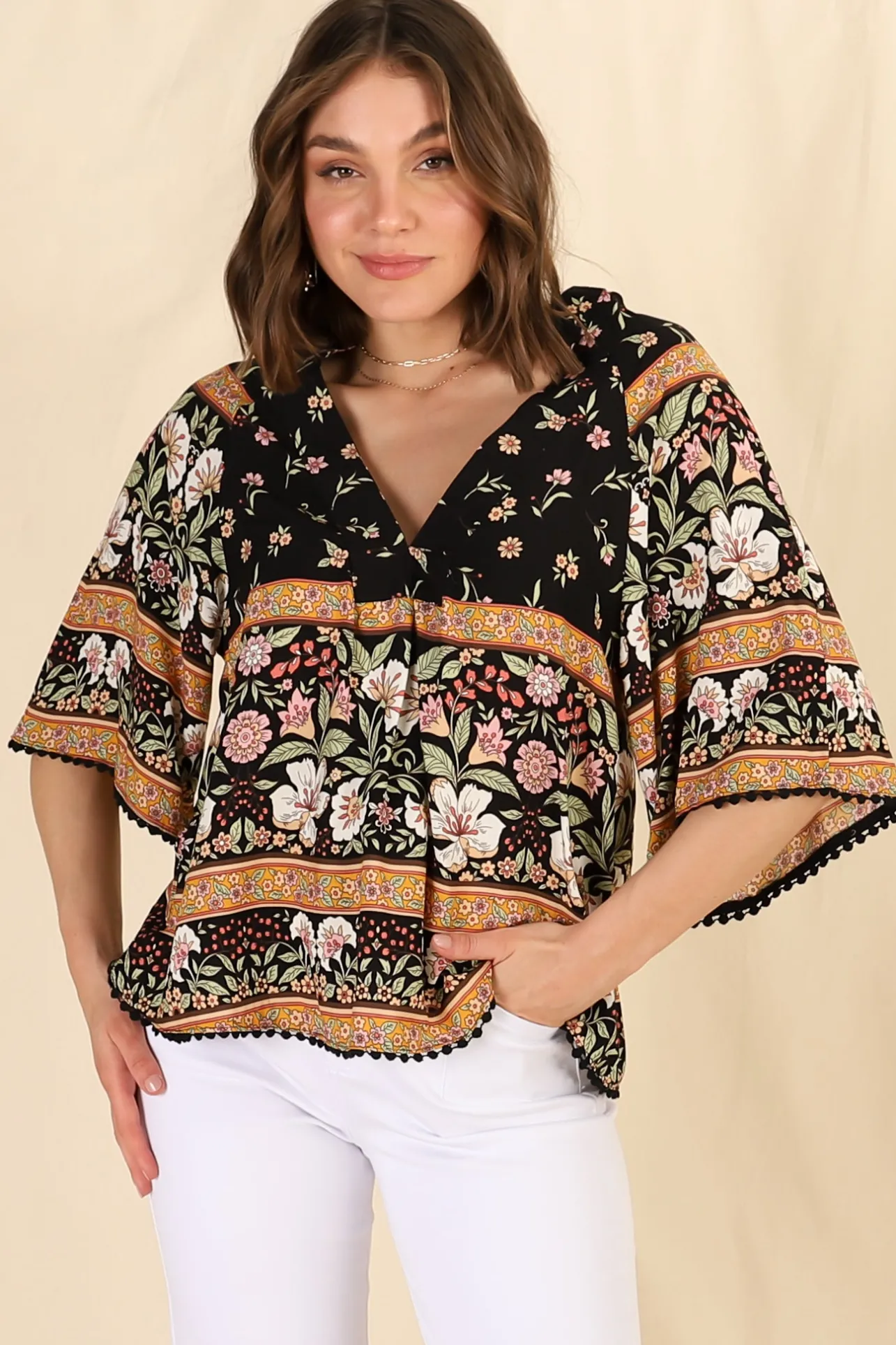 Gabriella Top - Mandarin Collar Deep V Neck Crochet Trim Top in Eternity Print>Jaase New