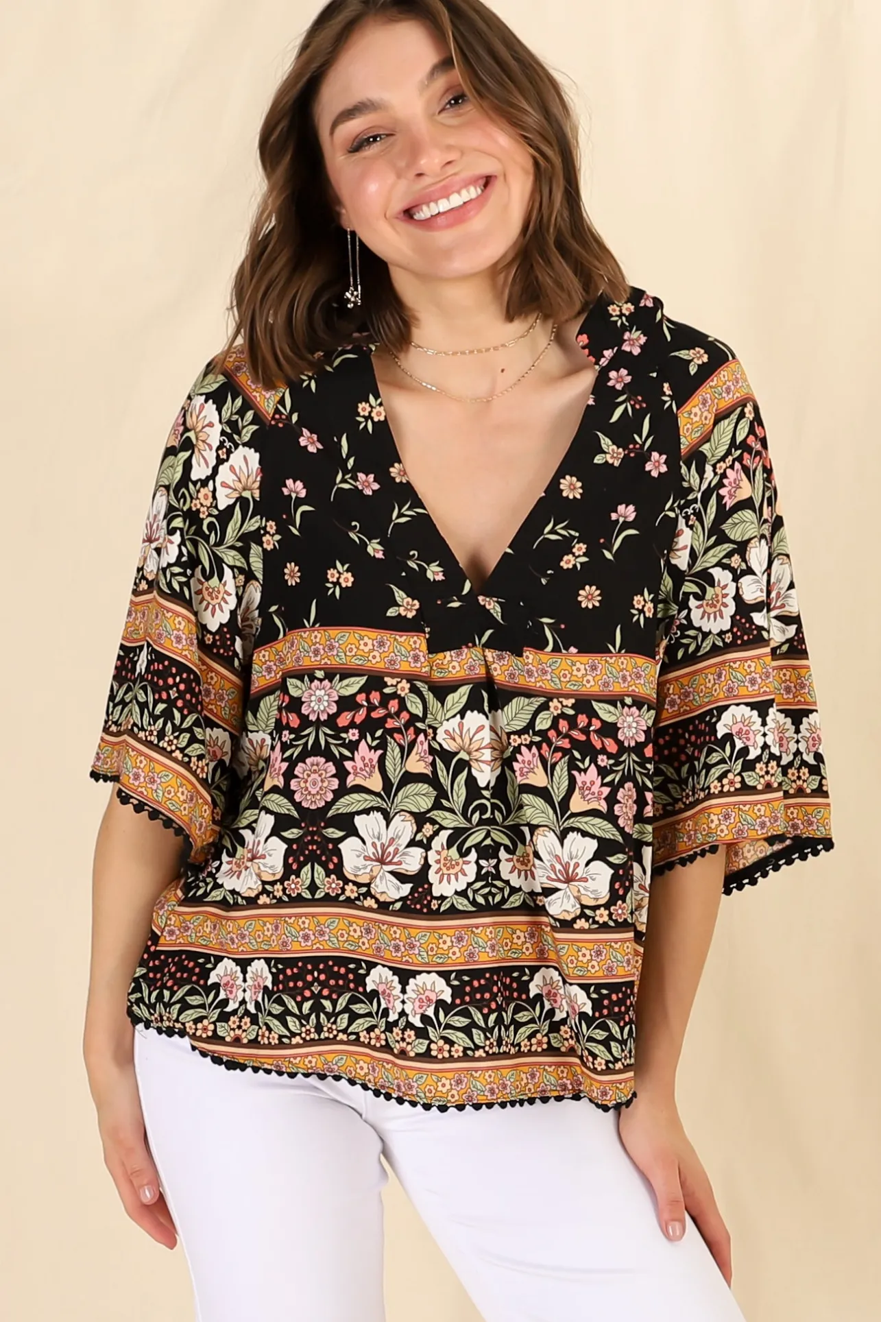 Gabriella Top - Mandarin Collar Deep V Neck Crochet Trim Top in Eternity Print>Jaase New
