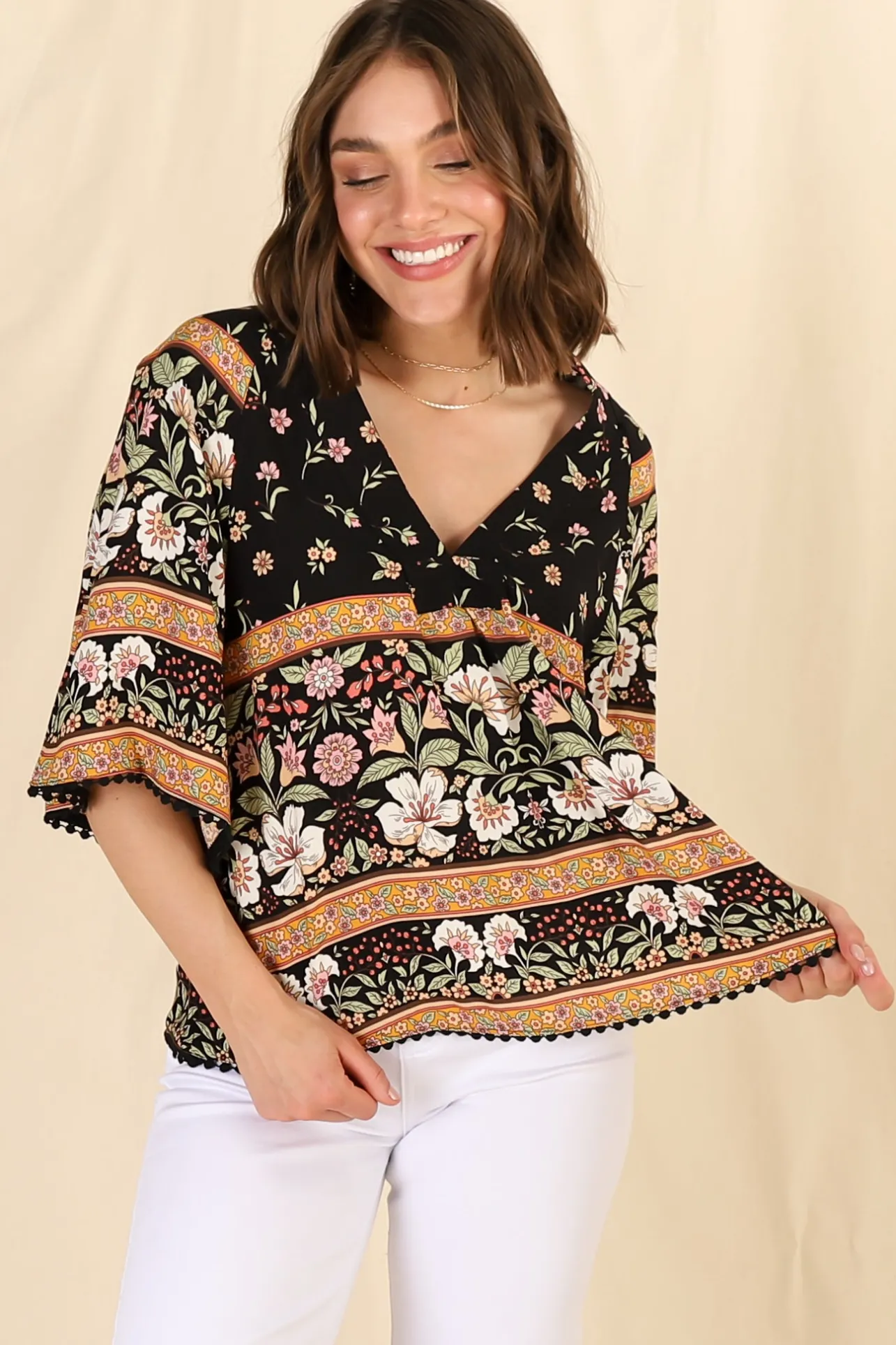 Gabriella Top - Mandarin Collar Deep V Neck Crochet Trim Top in Eternity Print>Jaase New