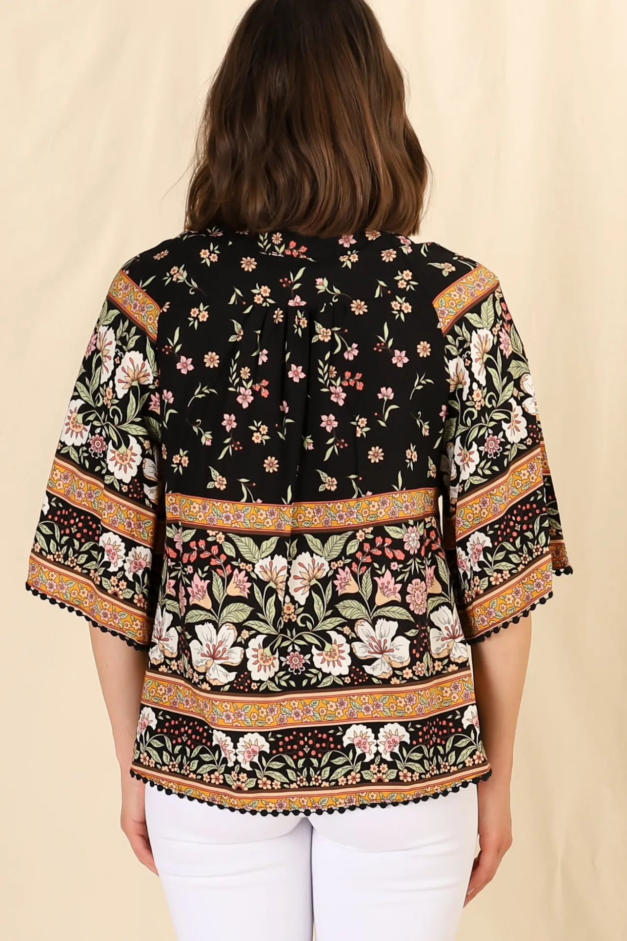 Gabriella Top - Mandarin Collar Deep V Neck Crochet Trim Top in Eternity Print>Jaase New